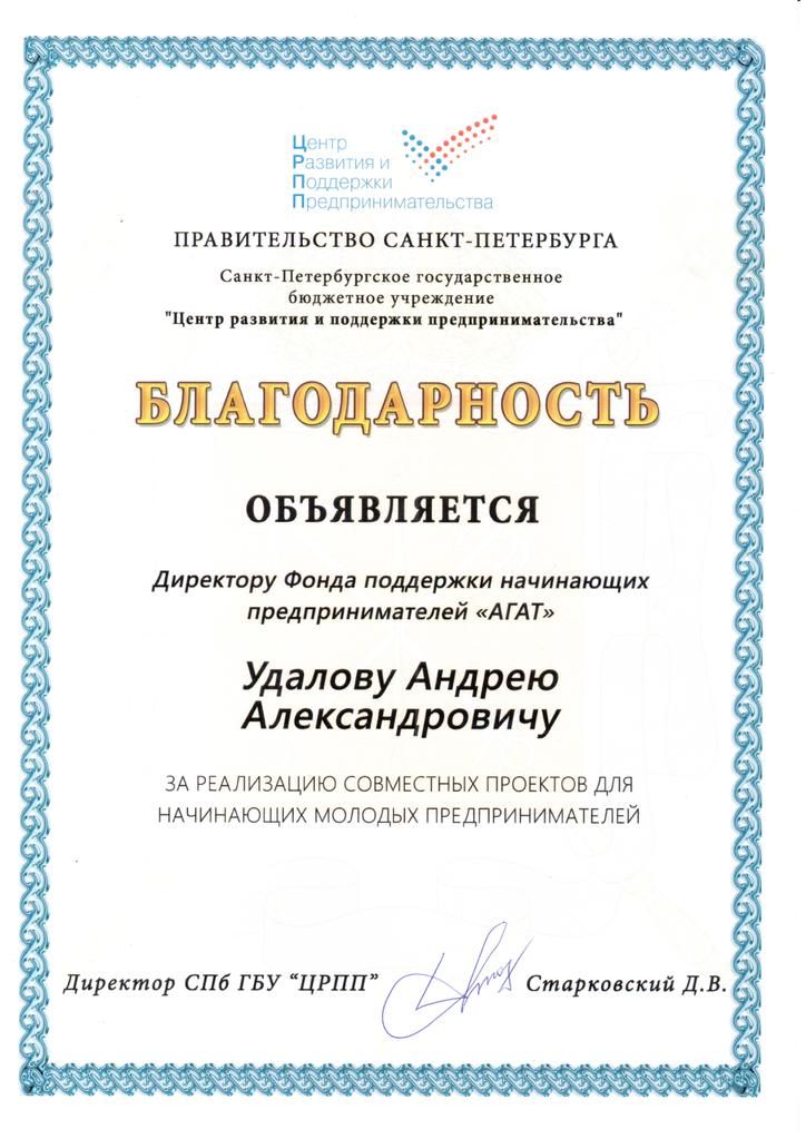 Благодарность от правительства Санкт-Петербурга за реализацию совместных проектов